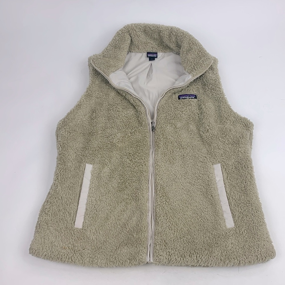 Patagonia Sherpa Zip Up Vest Size Large Beige Tan Pockets Lined Collar pockets